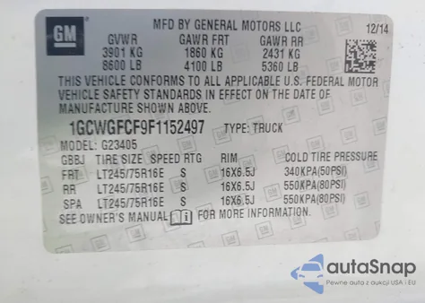 2015 Chevrolet Express 2500 Work Van from USA, damaged, VIN 1GCWGFCF9F1152497